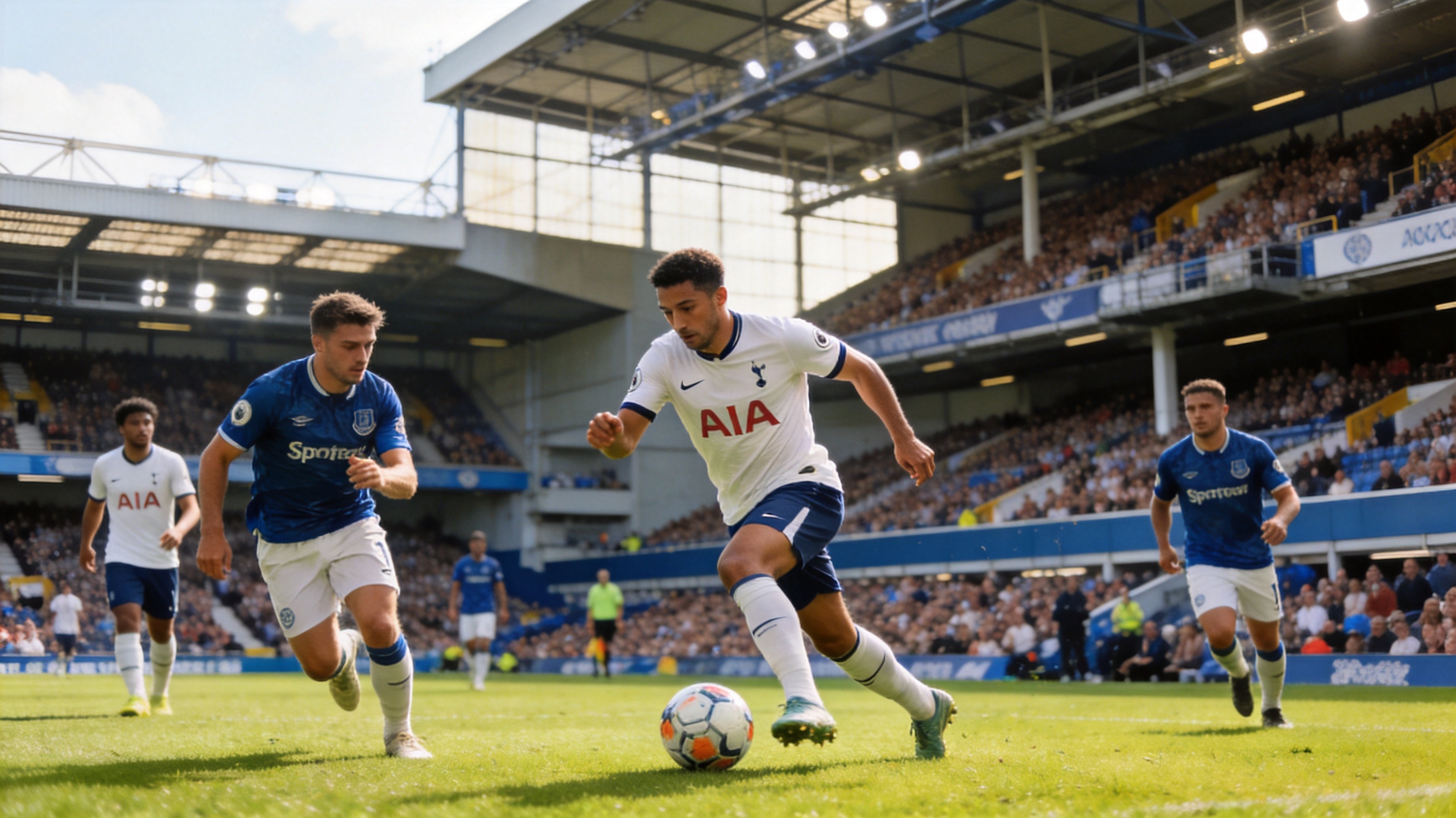 足球比赛现场球员带球推进的比赛画面